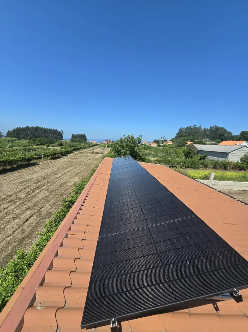 Paneles solares sobre tejado con viñedos y campo de fondo